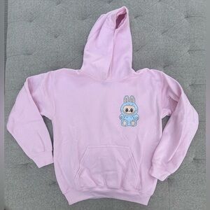 EUC LIKE NEW GILDAN PINK HOODIE WITH BLUE LABUBU STYLE MONSTER FIGURE MEDIUM